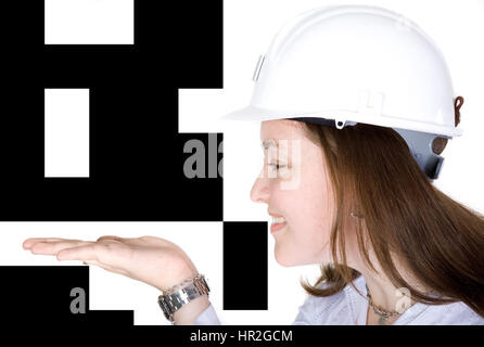 female architect holding something on her hand over a white background Stock Photo