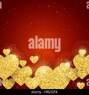 Vector Happy Valentines Day greeting card with sparkling glitter gold textured hearts on red background. Stock Vector