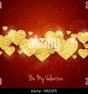 Vector Happy Valentines Day greeting card with sparkling glitter gold textured hearts on red background. Stock Vector