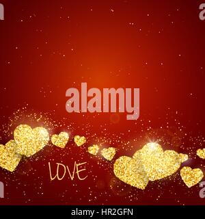 Vector Happy Valentines Day greeting card with sparkling glitter gold textured hearts on red background Stock Vector