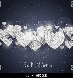 Vector Happy Valentines Day greeting card with sparkling glitter silver textured hearts. Seasonal holidays background. Love Symbol background Stock Vector