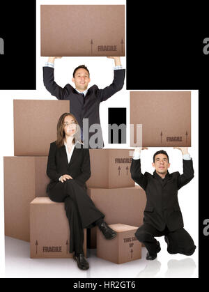 business woman with packed cardboard boxes and two men over a white background Stock Photo