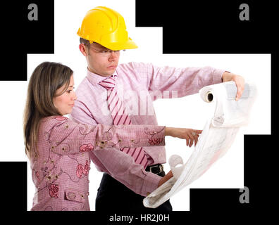couple of architects looking at some blueprints - isolated over a white background Stock Photo