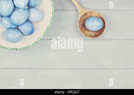 Easter eggs colored a natural blue with room for copy space. Stock Photo