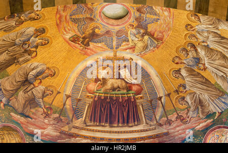 BERLIN, GERMANY, FEBRUARY - 14, 2017: The Fresco of The Lab of God in main apse of Herz Jesus church by Friedrich Stummel and Karl Wenzel Stock Photo