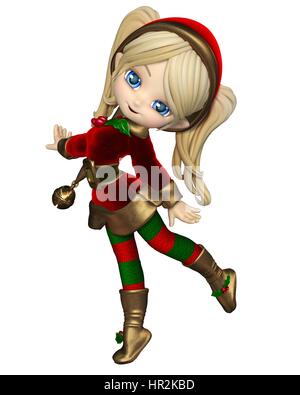 Cute toon Christmas elf girl in a red and green suit and hat with bell, 3d digitally rendered illustration Stock Photo