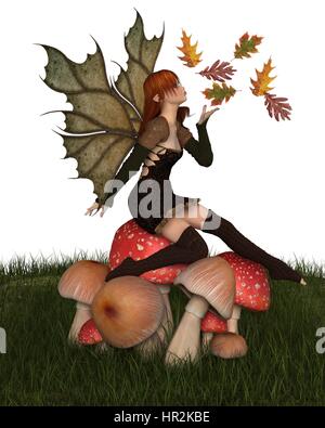 Fantasy illustration of a autumn fairy dressed in brown with red hair and leaf wings, sitting on a toadstool and playing with scattered swirling leave Stock Photo