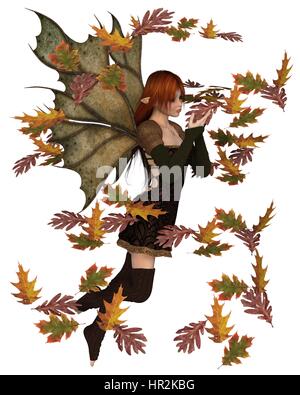 Fantasy illustration of a autumn fairy dressed in brown with red hair and leaf wings, playing with scattered swirling leaves Stock Photo