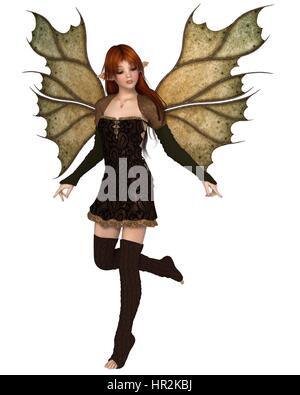 Fantasy illustration of a autumn fairy dressed in brown with red hair and leaf wings, 3d digitally rendered illustration Stock Photo