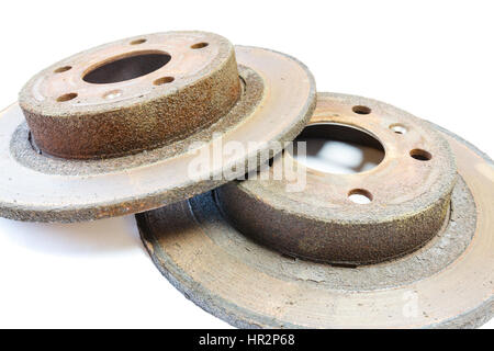 excessively worn rusty brake discs: too thin, covered with rust, with border and with scorched area Stock Photo