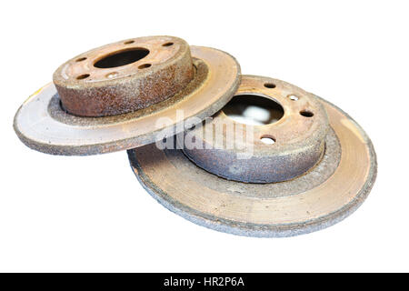 excessively worn rusty brake discs: too thin, covered with rust, with border and with scorched area Stock Photo