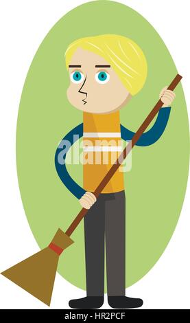 Street cleaner holding a broom Stock Vector