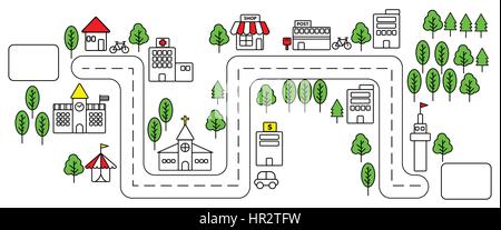 Simple color line urban town map in flat design on white background Stock Vector