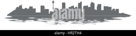 Silhouette simple line art city with reflect in water on white background Stock Vector