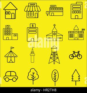 Simple black line icon of urban building on yellow background Stock Vector