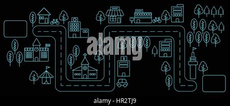 Simple neon blue line urban town map in flat design on black background Stock Vector