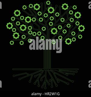 Tree of gear wheel in green color circuit style on black background Stock Vector