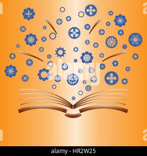 Variety gear wheel icon out from opened book in simple line art icon vector isolated on white background Stock Vector