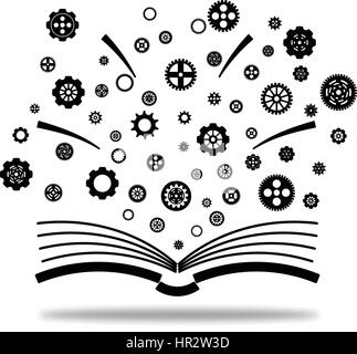 Variety gear wheel icon out from opened book in simple line art icon vector isolated on white background Stock Vector