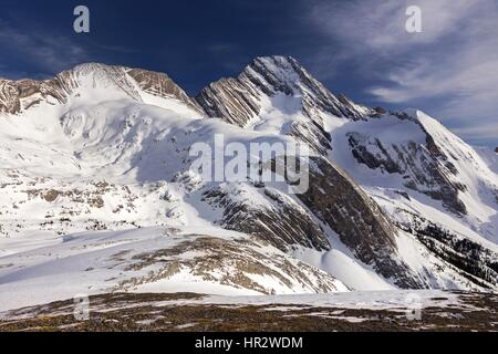 Sir Douglas Snowy Mountain Peak Snowshoeing Hiking Peter Lougheed Alberta Provincial Park Kananaskis Country Canadian Rockies Scenic Sunny Winter Day Stock Photo