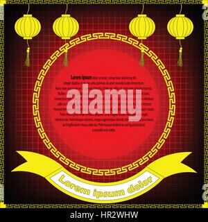 Red badge with yellow chinese circle pattern style with hanging lantern Stock Vector