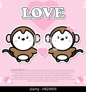 Lovely couple cute monkey hold hands together in Valentine concept Stock Vector