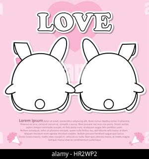 Backside view of Lovely couple cute Rabbit hold the hands together in Valentine and paper cut sticker concept Stock Vector