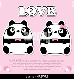 Lovely couple cute panda wear sunglasses and pink bow tie in Valentine and paper cut sticker concept Stock Vector