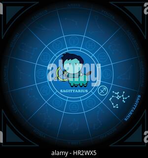 Astronomy of Sagittarius Zodiac Circle with zodiac sign icon vector on black background Stock Vector