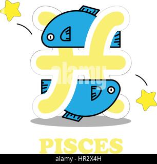 Pisces cartoon with Big Zodiac sign icon vector isolated on white background Stock Vector