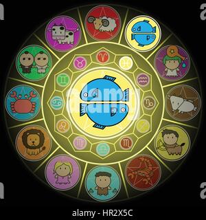Pisces Zodiac in Center Circle of horoscope signs Cartoon icon vector on black background Stock Vector