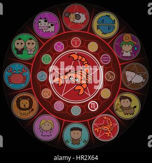Scorpio Zodiac in Center Circle of horoscope signs Cartoon icon vector on black background Stock Vector
