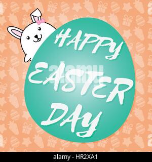 Cute rabbit behind big green egg on orange pattern background for happy easter concept Stock Vector