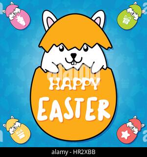 Cute rabbit inside orange egg on blue background in Happy easter concept Stock Vector
