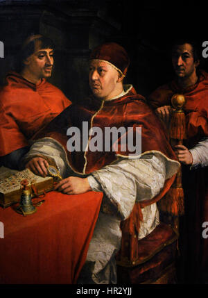 Pope Leo X (1475-1521). Portrait of Leo X with two cardinals, 1525. Painting by Andrea del Sarto (1486-1530), copy after Raphael. Farnese Collection. National Museum of Capodimonte. Naples. Italy. Stock Photo