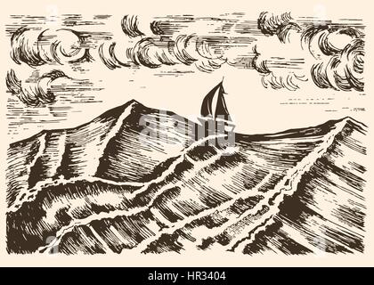 Sailboat vector sketch swim in a storm on the big waves. Stock Vector