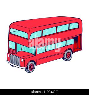 Double decker red bus, city public transport service vehicle retro-bus. Vector illustration, flat design, isolated on a white background. Stock Vector