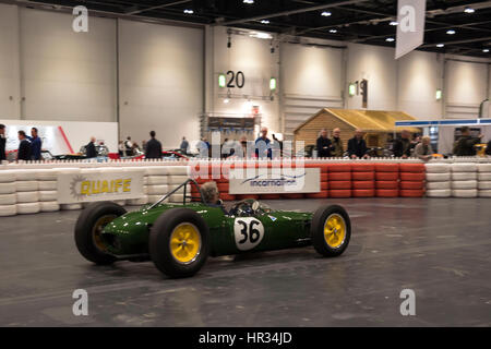 London, UK. 24th Feb, 2017. Vintage sports cars are displayed at the Classic Car Show at ExCel exhibition centre. The show features classic cars from around the UK and showcases the dealers, manufacturers and car clubs. Credit: Alberto Pezzali/Pacific Press/Alamy Live News Stock Photo