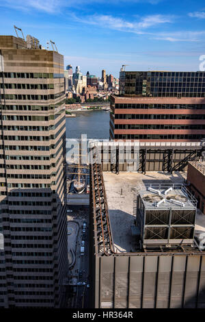 The South Street Seaport is a historic area in the New York City borough of Manhattan, centered where Fulton Street meets the East River, and adjacent Stock Photo