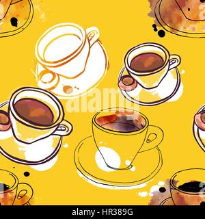 Seamless pattern of vector and watercolour coffee drawings Stock Vector