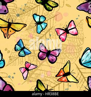 Vector seamless pattern with butterflies and leaves Stock Vector