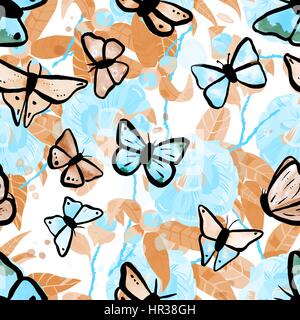 Vector seamless pattern with watercolor camellias and butterflie Stock Vector