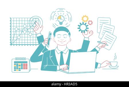Businessman with multitasking and multi skill. Keep calm. Business concept. Linear style, design Stock Vector