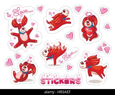 stickers set of funny dogs with hearts. Stock Vector