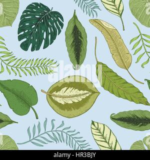 seamles vintage tropical pattern with leaves, hand drawn or enrgaved. vintage looking leaf and plants Stock Vector
