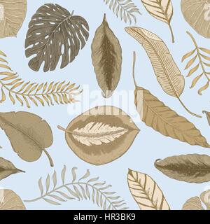 seamles vintage tropical pattern with leaves, hand drawn or enrgaved. vintage looking leaf and plants Stock Vector
