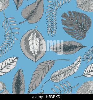seamles vintage tropical pattern with leaves, hand drawn or enrgaved. vintage looking leaf and plants Stock Vector