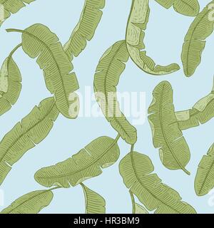 seamles vintage tropical pattern with leaves, hand drawn or enrgaved. vintage looking leaf and plants Stock Vector