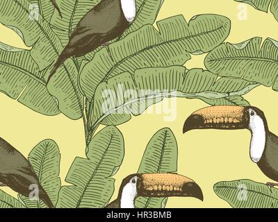 seamles vintage tropical pattern with leaves, hand drawn or enrgaved. vintage looking leaf and plants Stock Vector