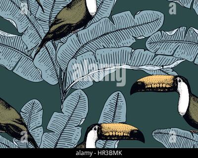 seamles vintage tropical pattern with leaves, hand drawn or enrgaved. vintage looking leaf and plants Stock Vector